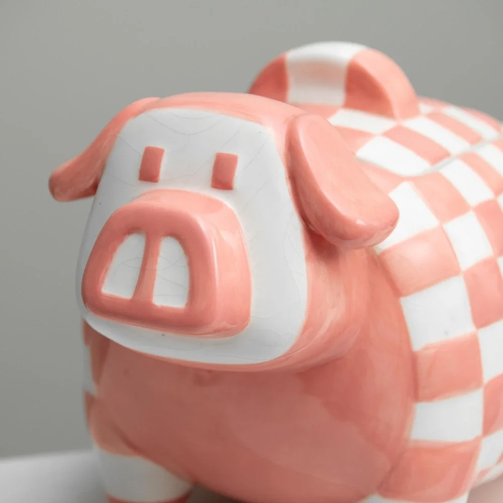 VTG Pink Pig Checkered Cookie Jar Whimsical CottageCore Retro‎ Country Farmhouse
